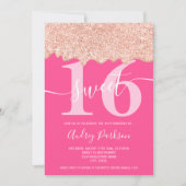 Rose Gold Glitzer Tropfen Foto Neon pink Sweet 16 Einladung (Vorderseite)