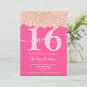 Rose Gold Glitzer Tropfen Foto Neon pink Sweet 16 Einladung (Stehend Vorderseite)