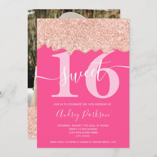 Rose Gold Glitzer Tropfen Foto Neon pink Sweet 16 Einladung (Vorne/Hinten)