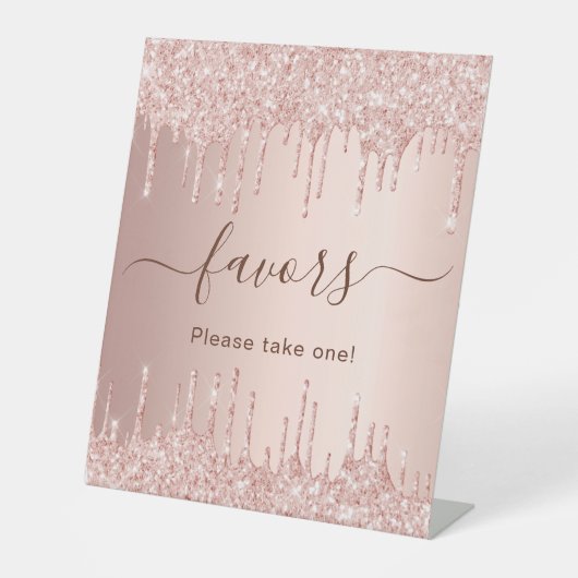 Rose Gold Glitzer Tropfen Gastgeschenke Sockelschild (Vorderseite)