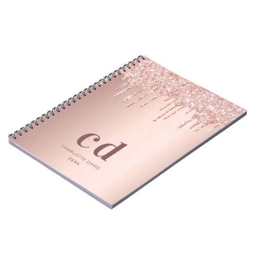 Rose Gold Glitzer Tropfen Glam Monogramm Initialen Notizblock (Linke Seite)