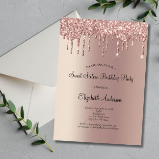 Rose Gold Glitzer Tropfen Glam Sweet 16 Geburtstag Einladung