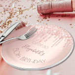 Rose Gold Glitzer Tropfen Glamouros Name Pappteller<br><div class="desc">Eine Papiertafel für eine gürtelhafte und glamouröse 50. Geburtstagsfeier (oder jedes Alter). Ein Imitat Rose gold metallische Hintergrund mit einem eleganten Imitat Rose Gold Glitzer Tropfen, Farbe Tropfen aussehen. Der Text: Der Name ist in dunklem Rose Gold geschrieben, mit einem großen, modernen Schriftsatz. Vorlage für Namen, Alter 50 und Datum....</div>