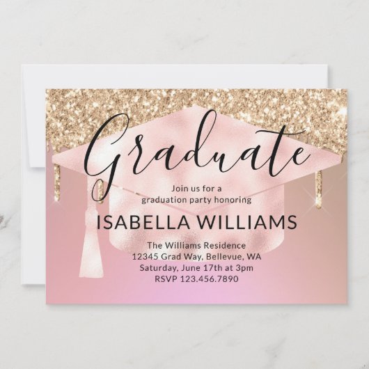 Rose Gold Glitzer Tropfen Graduierungsparty Einladung (Vorderseite)