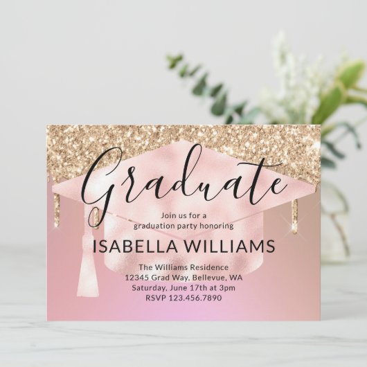 Rose Gold Glitzer Tropfen Graduierungsparty Einladung (Stehend Vorderseite)