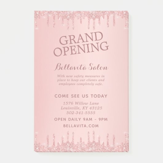 Rose Gold Glitzer Tropfen Grand Opening Salon Post-it Klebezettel (Vorderseite)