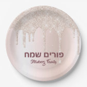 Rose Gold Glitzer Tropfen Hebräisches Happy Purim Pappteller (Vorderseite)