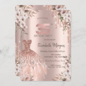 Rose Gold Glitzer Tropfen Kleid Floral 35. Geburts Einladung (Vorne/Hinten)