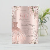 Rose Gold Glitzer Tropfen Kleid Floral 80. Geburts Einladung (Stehend Vorderseite)