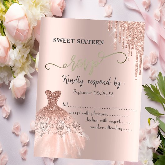 Rose Gold Glitzer Tropfen Kleid Sweet 16 UAWG Einladung
