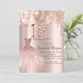 Rose Gold Glitzer Tropfen Kleidung Balloons Quince Einladung (Stehend Vorderseite)