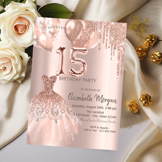Rose Gold Glitzer Tropfen Kleidung Balloons Quince Einladung