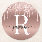 Rose Gold Glitzer Tropfen Metal Girly Monogram Runder Pappuntersetzer (Vorderseite)