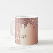Rose Gold Glitzer Tropfen Metal Monogram Kaffeetasse (Vorderseite Links)