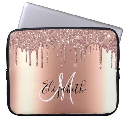 Rose Gold Glitzer Tropfen Metal Monogram Trendy Laptopschutzhülle (Vorderseite)