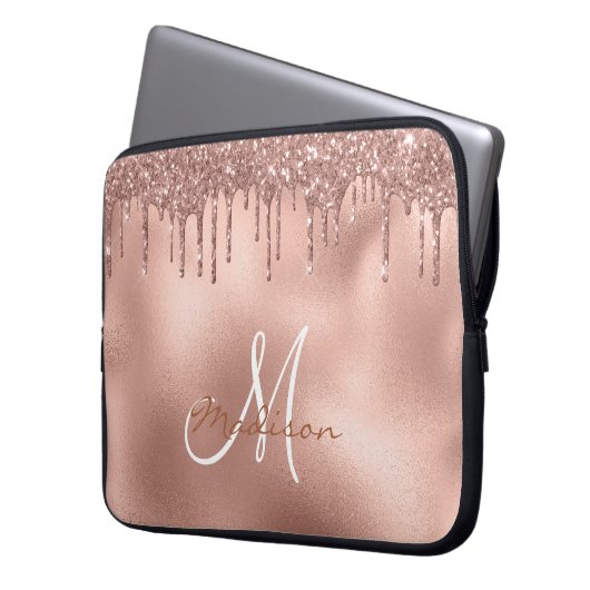 Rose Gold Glitzer Tropfen Monogram Laptopschutzhülle (Vorderseite Links)