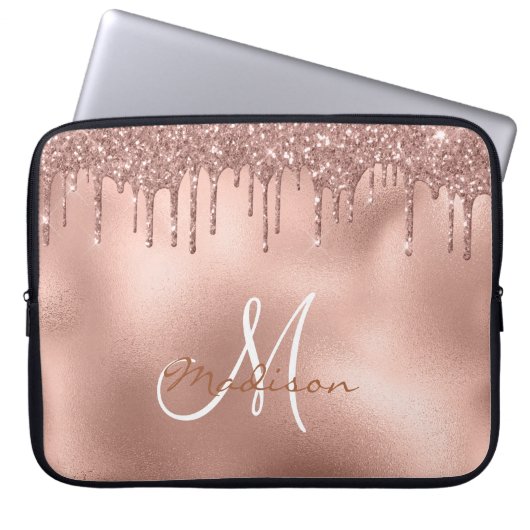 Rose Gold Glitzer Tropfen Monogram Laptopschutzhülle (Vorderseite)