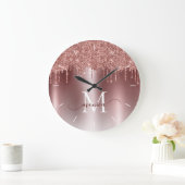 Rose Gold Glitzer Tropfen Monogram Metallic Große Wanduhr (Zuhause)