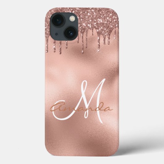 Rose Gold Glitzer Tropfen Monogram Personalisiert Case-Mate iPhone Hülle (Rückseite)