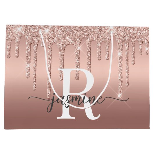 Rose Gold Glitzer Tropfen Monogram Script Metal Große Geschenktüte (Rückseite)