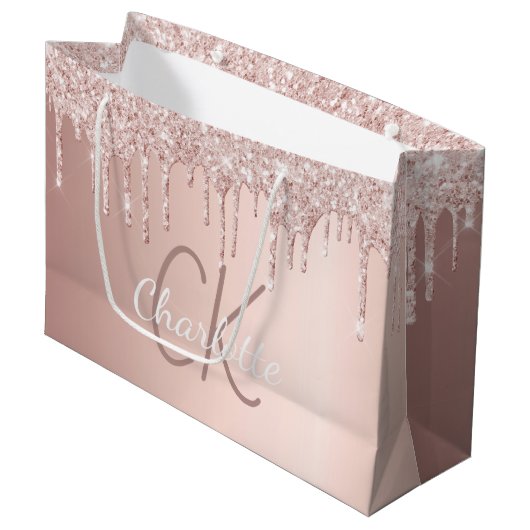 Rose Gold Glitzer Tropfen Monogramm-Drehbuch elega Große Geschenktüte (Vorderseite Schrägansicht)
