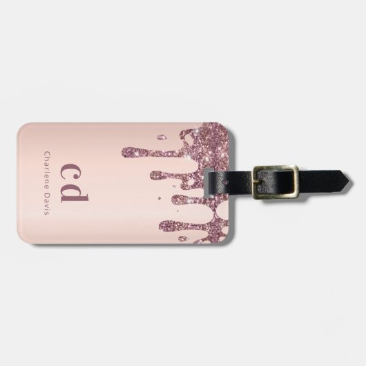 Rose Gold Glitzer Tropfen Monogramm Gepäckanhänger (Vorderseite horizontal)