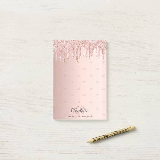 Rose Gold Glitzer Tropfen Monogramm Initialen Post-it Klebezettel (Auf Schreibtisch)