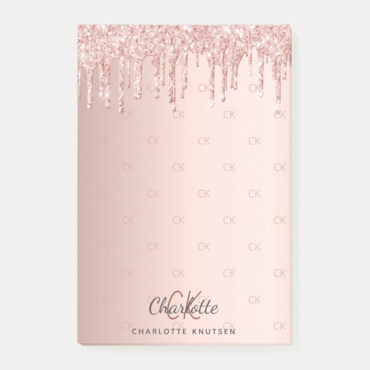 Rose Gold Glitzer Tropfen Monogramm Initialen Post-it Klebezettel (Vorderseite)