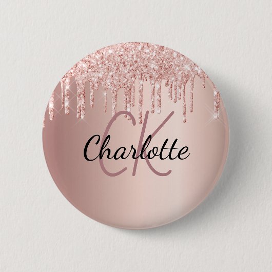 Rose Gold Glitzer Tropfen Monogramm Name Button (Vorderseite)