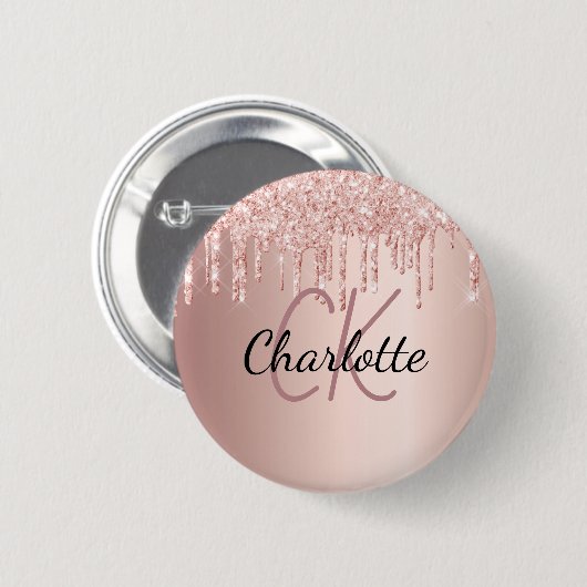 Rose Gold Glitzer Tropfen Monogramm Name Button (Vorne & Hinten)