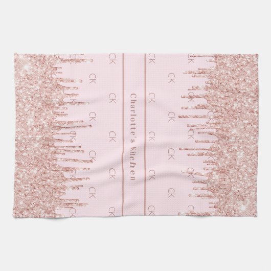 Rose Gold Glitzer Tropfen Monogramm Name Geschirrtuch (Horizontal)