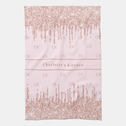 Rose Gold Glitzer Tropfen Monogramm Name Geschirrtuch (Vertikal)