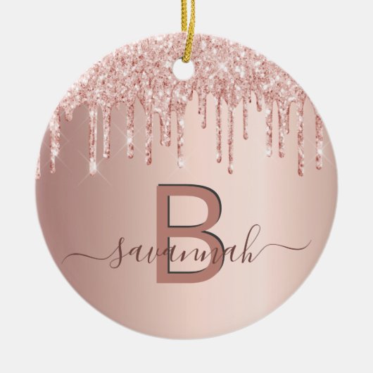 Rose Gold Glitzer Tropfen Monogramm Name Keramik Ornament (Vorne)