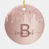 Rose Gold Glitzer Tropfen Monogramm Name Keramik Ornament (Hinten)