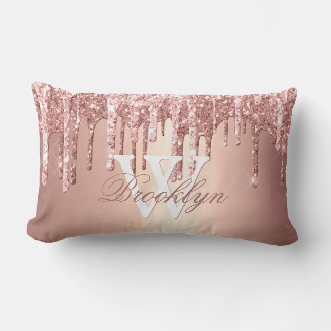 Rose Gold Glitzer Tropfen Monogramm Name  Lendenkissen (Vorderseite)