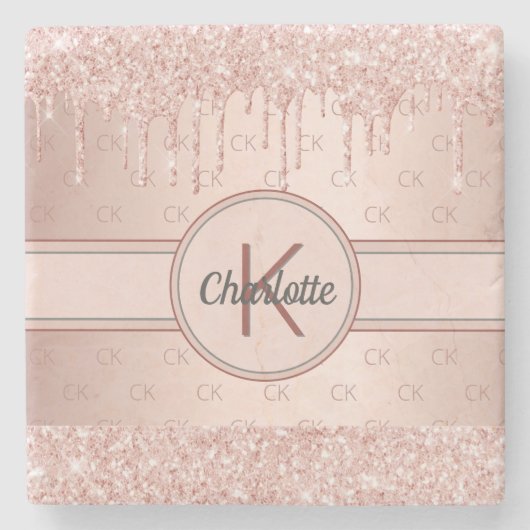 Rose Gold Glitzer Tropfen Monogramm Name Steinuntersetzer (Vorderseite)