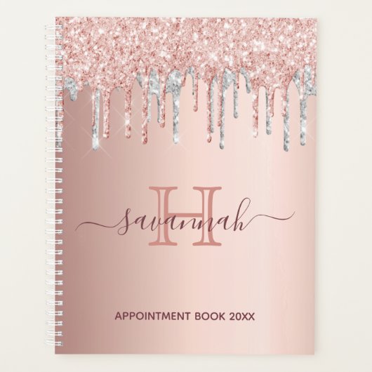 Rose Gold Glitzer Tropfen Monogramm Planer (Vorderseite)