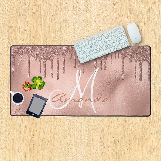 Rose Gold Glitzer Tropfen Monogramm Rosa Schreibtischunterlage
