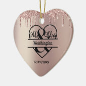 Rose Gold Glitzer Tropfen Mr. und Mrs. Heart Weddi Keramik Ornament (Links)