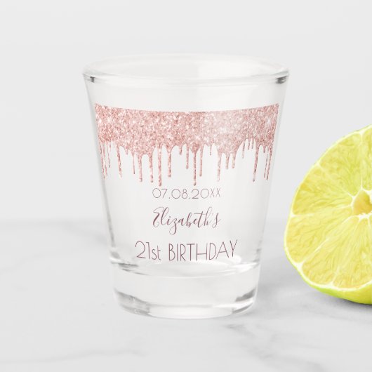 Rose Gold Glitzer Tropfen Name Schnapsglas (Vorderseite)