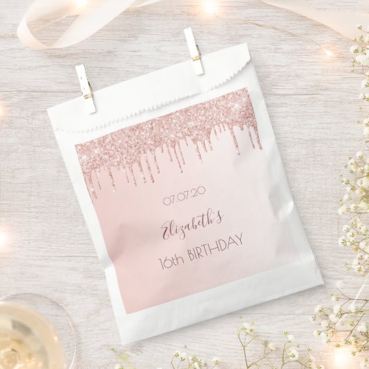 Rose Gold Glitzer Tropfen Name Sweet 16 Geschenktütchen (Ausgeschnitten)