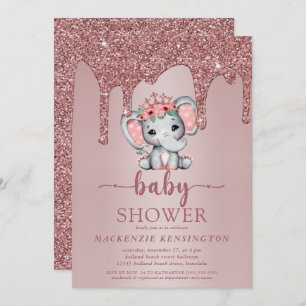 Rose Gold Glitzer Tropfen Niedlich Elephant Baby G Einladung