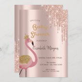 Rose Gold Glitzer Tropfen, Niedlich rosa Flamingos Einladung (Vorne/Hinten)