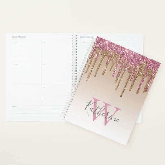 Rose Gold Glitzer Tropfen Ombre Monogram 2024 Planer (Anzeige)