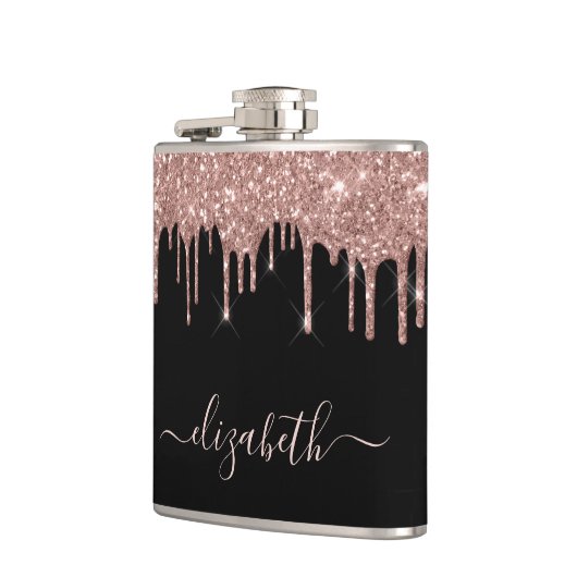 Rose Gold Glitzer Tropfen Personalisiert Black Flachmann (Links)