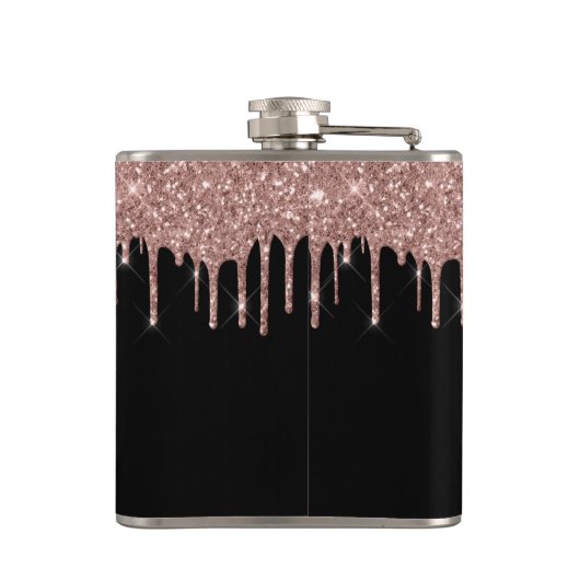 Rose Gold Glitzer Tropfen Personalisiert Black Flachmann (Rückseite)