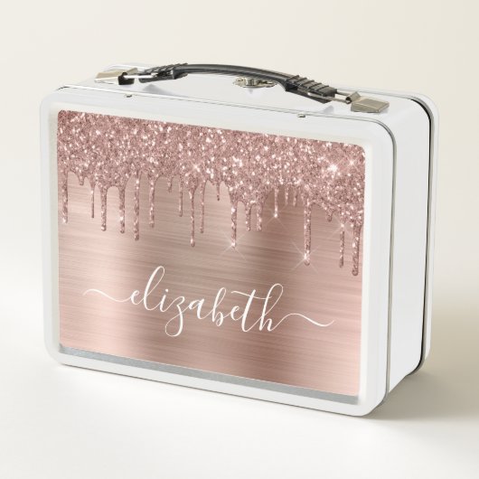 Rose Gold Glitzer Tropfen Personalisiert Metall Brotdose (Rückseite)
