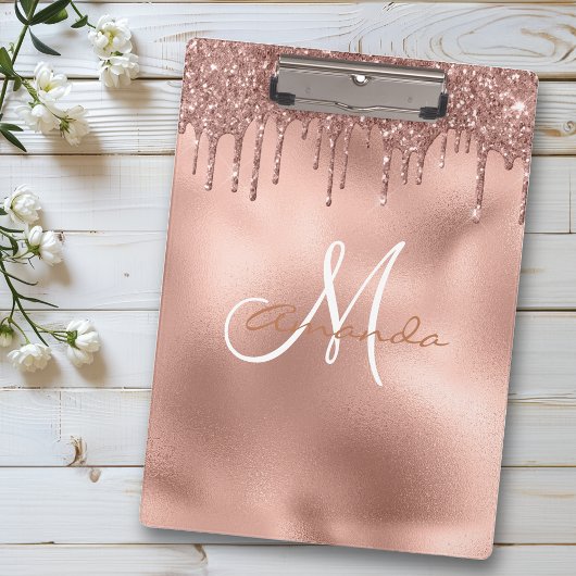 Rose Gold Glitzer Tropfen Personalisiert Monogram Klemmbrett