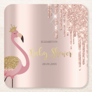 Rose Gold Glitzer Tropfen Pink Flamingo Baby Dusch Rechteckiger Pappuntersetzer