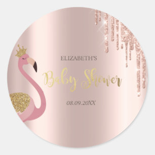 Rose Gold Glitzer Tropfen Pink Flamingo Baby Dusch Runder Aufkleber
